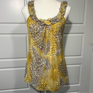 INC Snakeskin Print Tank Top Ruffle Neck Sleeveless Yellow Gray Small